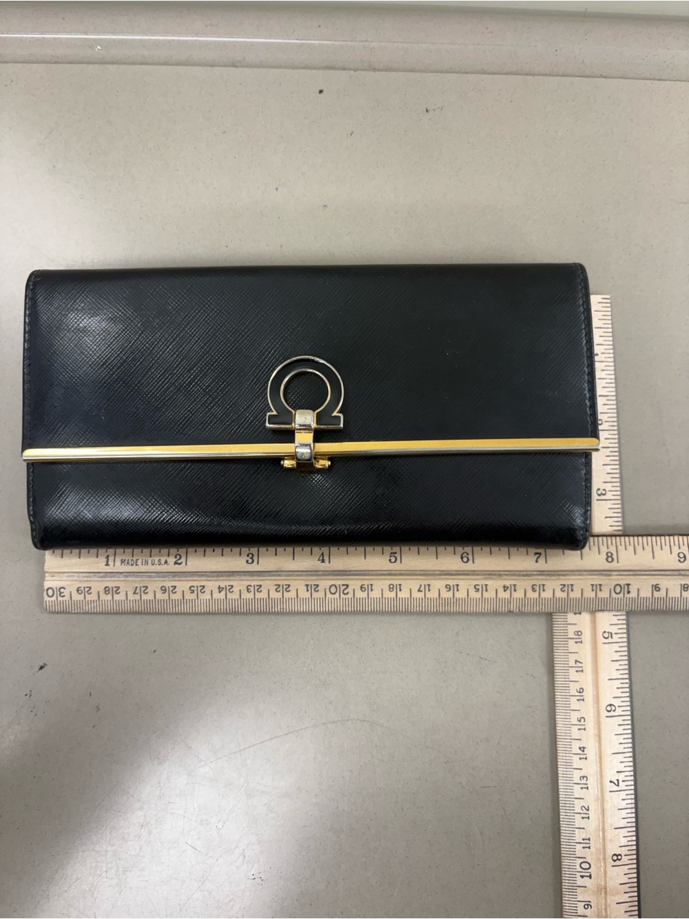 Authentic Ferragamo Gancini Long Wallet Black Leather Organizer Clutch Flap